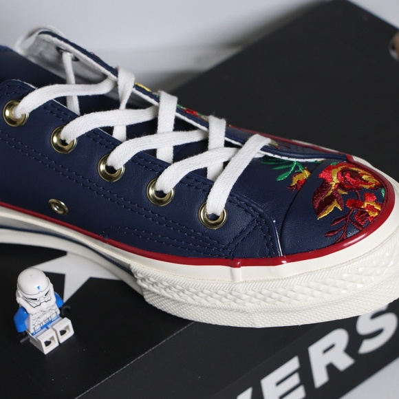 Converse Flowers / Navy Leather All Star Low Tops - Picture 6 of 7